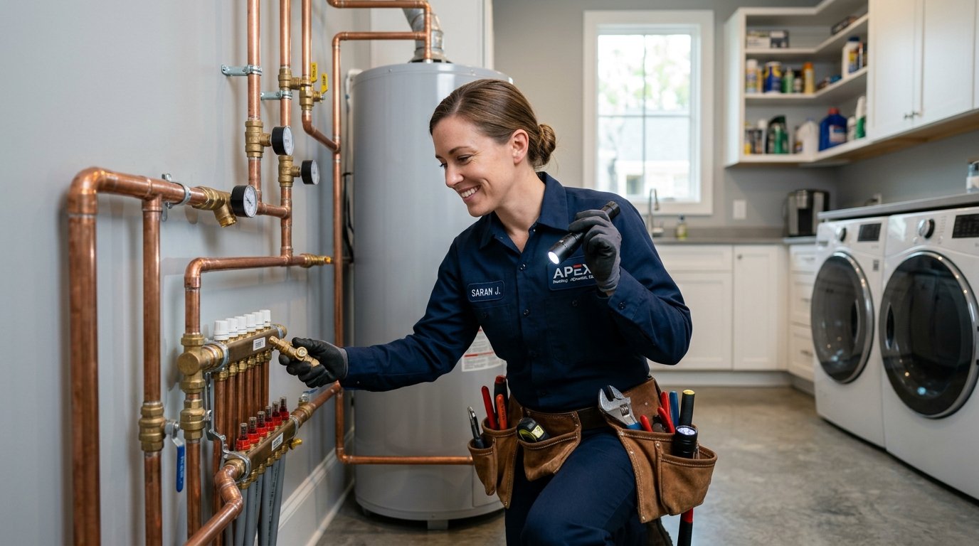 Professional plumbing technician inspecting residential piping in Alpharetta GA